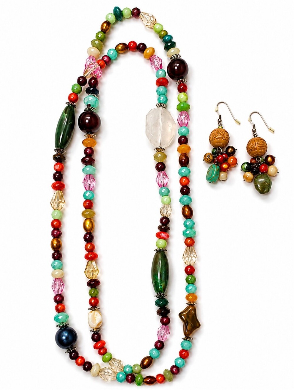 Vintage Boho Multi-Stone Agate Beggar Bead Necklace & Earring Set EUC